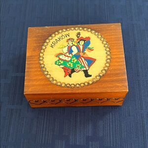 Vintage Kraków Poland hand carved. Wood Box. Has 10 marbles included. 3.25 x4 in